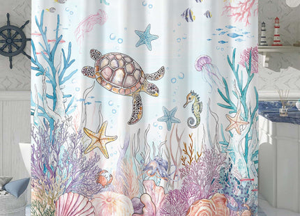 Lifeella Nautical Coastal Turtle Shower Curtain, Teal Starfish Seahorse Funny Ocean Themed Bathroom Decor, 72x72 inch
