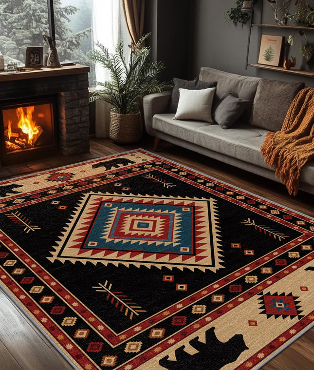 SherAvant Southwest Rug 5x7 - Native American Bear Cabin Area Rugs for Living Room Bedroom, Rustic Boho Machine Washable | Non-Slip | Soft Large Carpets, Western Home Decor (Red Tan Black)