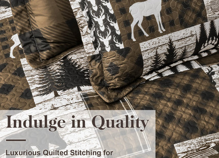 3 Piece Cabin King Size Quilt Sets Farmhouse Rustic Reversible Microfiber Soft Lightweight Bedspread Comforter with 2 Shams Patchwork Country Lodge Bedding Quilts Set for All Season, 106''x96'', Brown