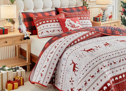 Christmas Quilt Set King Size 101x88 - White Stripes Red Deer Snowflake Cubes Gray Heart with Red Plaid - Xmas New Year Gingham Style Microfiber Winter Bedding Coverlet Thanksgiving Holiday Bedspread
