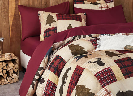 Wake In Cloud - Rustic Duvet Cover Set, Cabin Western Christmas Holiday Country Theme with Bear Deer Lodge Patchwork, Soft Lightweight Bedding, 3-Piece, Burgundy Brown, King Size