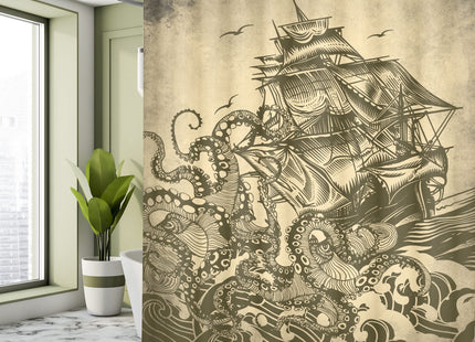 Ambesonne Nautical Shower Curtain, Kraken Octopus Tentacles with Ship Sail Boat in Ocean Lover Themed Decor, Cloth Fabric for Beach Home Bath Decorartion Set with 12 Hooks, 69" W x 75" L, Yellow Olive