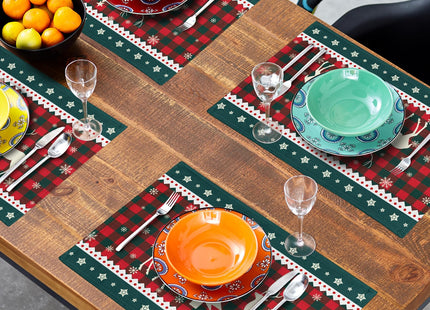 Christmas Elk Snowflakes Placemats Set of 4 for Dining Table,Xmas Reindeer Red Green Buffalo Plaid Washable Table Mats Placemats for Winter Kitchen Holiday Coffee Place Mat 18 x12 Inch