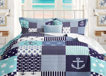 weesire Nautical Bedding Queen Size Coastal Quilt with 2 Shams, Coastal Beach Comforter Sets Ocean Bedspreads Coverlet Summer Bedding, 90''x96''