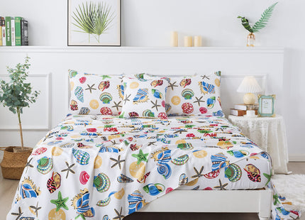 FADFAY Beach Themed Sheets Set Full Vivid Starfish Seashell Conch Nautical Bedding Coastal Ocean Bed Sheet Set 600TC 100% Cotton Super Soft Hypoallergenic Deep Pocket Fitted Sheet, 4Pcs-Full Size