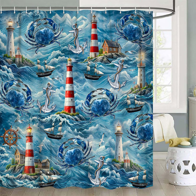 JAWO Nautical Lighthouse Shower Curtain, Blue Crab Anchor Sailboat Coastal Bathroom Decor, Waterproof Fabric Shower Curtain Set,12pcs Hooks,69X70 in