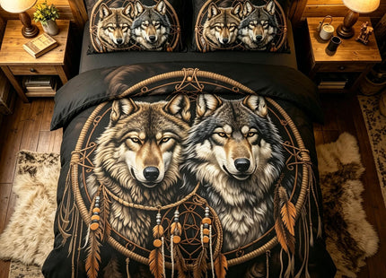 CCoutueChen Wolf Bedding Set Twin Size for Kids - Cabin Lodge Bedroom Set Black Brown Boho Dreamcatcher Comforter Set, Soft Microfiber Lightweight Comforter, 2 Pieces 1 Pillowcase