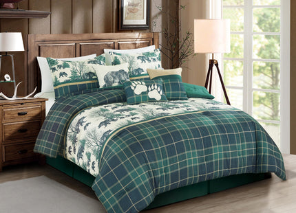 Chezmoi Collection Basin 7-Piece Northwest Cabin Lodge Comforter Set - Blue Green Ivory Tan Grizzly Bear Pine Tree Wilderness Printed Microfiber Bedding, Full