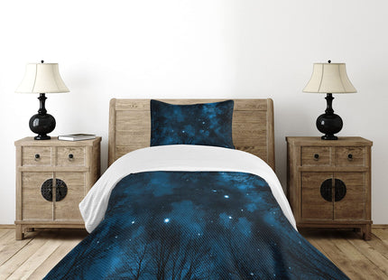 Lunarable Night Sky Bedspread, Spooky View Through Forest Branches Trees Foggy Sky with Stars, Decorative Quilted 2 Piece Coverlet Set with Pillow Sham, Twin Size, Sky Blue