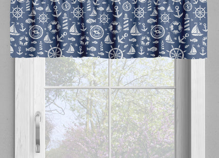 Ambesonne Sailboat Valance & Tier Curtain 3 pcs Set, Diagonal Hatched Nautical Elements Ship's Wheel Anchor and Marine Animals, Window Treatments for Room Kitchen Decor, 55" x 24", Blue and White