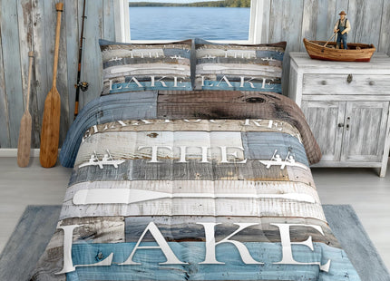 Homewish Rustic Farmhouse Comforter Set Lake Cabin Bedding Set King Size Blue Grey Retro Wooden Quilt Set 3pcs for Teens Boys Women Men Home Decor,Lake Life White Cabin Bedspread,2 Pillowcases