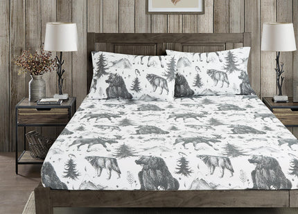 Chezmoi Collection 3-Piece Lodge Sheet Set Twin XL Size - White Gray Black Grizzly Bear Wolves Moose Pine Tree Mountain Printed Brushed Microfiber Lightweight Breathable Deep Pocket Bed Sheets