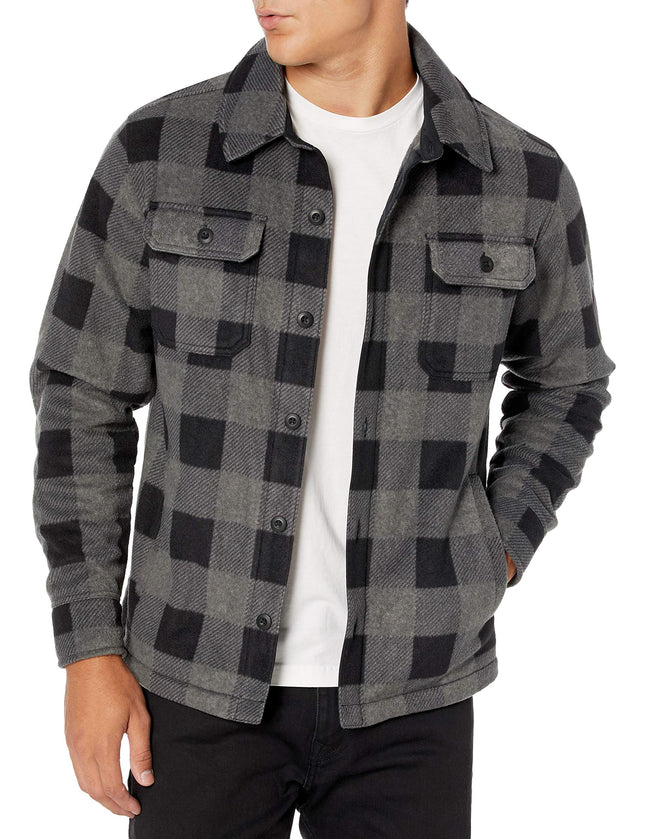 Amazon Essentials Men's Long-Sleeve Polar Fleece Shirt Jacket for Winter, Black Charcoal Buffalo Plaid, Large