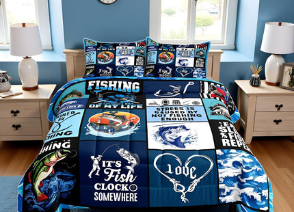 Manfei Go Fishing Kids Comforter Set Twin Size,Bass Fish Hook Geometric Plaids Bedding Set,Boys Girls Adults Room Decor,Sea Waves Rustic Camper Down Comforter,Blue Fashion Duvet Insert,1 Pillowcase