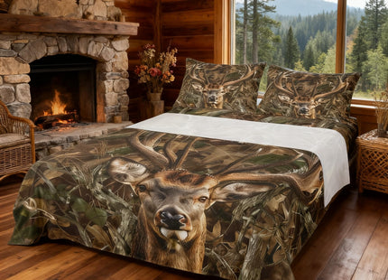 Camo Deer Kids Sheet Queen Size,Dead Branches Wild Animals Hunting Bedding Set,Boys Girls Adults Room Decor,Rustic Farmhouse Camouflage Brown Retro Bed Sheet Set 4pcs(Fitted + Flat + 2 Pillowcases)