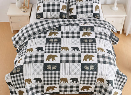 Market & Place 3 Piece Reversible Quilt Set with Shams | Cabin Comforter Bedspread Queen | Rustic Lodge Buffalo Check Design | Cedar Creek Collection (Full/Queen, Green/Taupe)