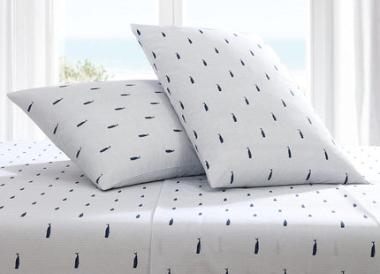 Nautica - Queen Size Sheet Set, Crisp Cotton Percale Bedding with Matching Pillowcases, Fully Elastic Fitted Sheet, Deep Pocket, Nautical Room Decor, Breathable All-Season Comfort (Whale Stripe Blue)