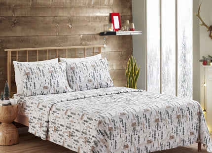 Flannel Sheets Warm and Cozy Deep Pocket Breathable All Season Bedding Set with Fitted, Flat and Pillowcases, Queen, Winter Cabin Lodge