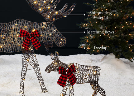 Best Choice Products 2D Moose Family Outdoor 2Pc Christmas Yard Décor, 4ft Lighted Yard Set Prelit All-Weather w/ 125 LEDs, Ground Stakes - Rattan
