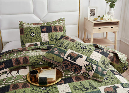 Ycosy Rustic Lodge Quilt Set Moose Elk Bedspread King Size Forest Bear Deer Quilt Matcha Green Reversible Festive Cabin Coverlets Farmhouse Decor Bed Cover Sets with 2 Pillow Shams