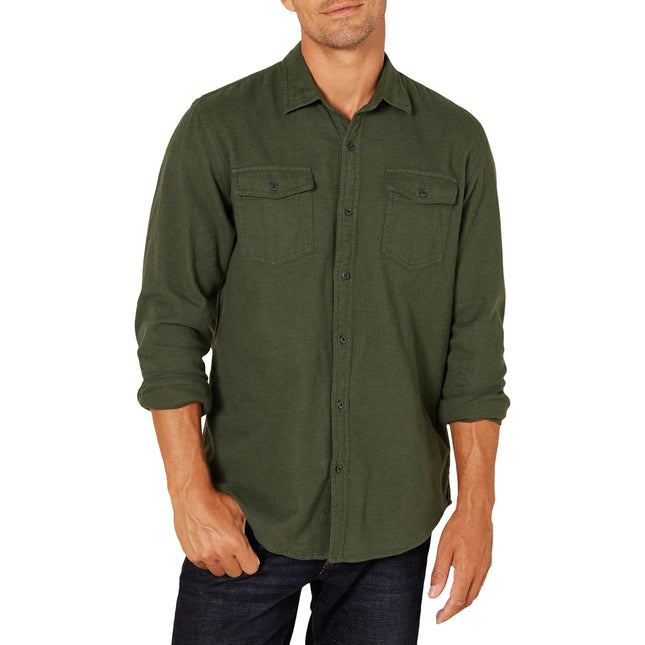 Amazon Essentials Men's Regular-Fit Long-Sleeve Flannel Shirt, Button-Up Cotton Twill, Double Chest Pockets, Olive Heather, XX-Large