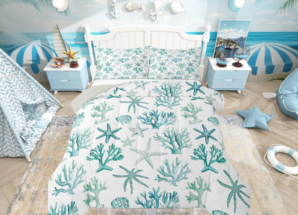 Erosebridal Shell Coral Starfish Comforter Set, Summer Coastal Twin Bedding Set, Beach Nautical Comforter for Kids Boys Girls Teens Adults Bedroom Decor, Ocean Life Quilt 2 Piece