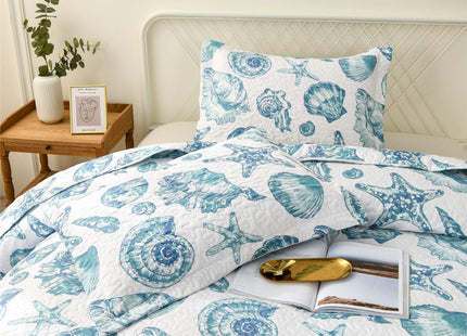 Coastal Beach Theme Quilt Set Full/Queen Size Lightweight Ocean Coral Bedding Seashell Conch Starfish Bedspread Coverlet Reversible Nautical Bed Cover with 2 Pillow Shams