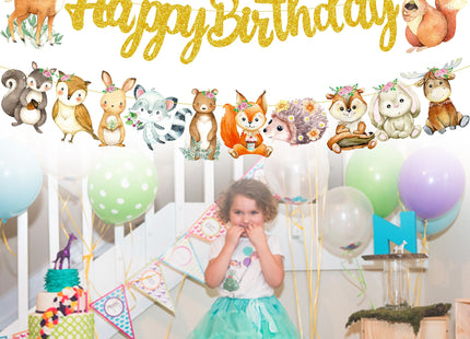 Woodland Animal Happy Birthday Banner Woodland Creatures Banner Decorations 2Pcs Forest Animals Cutout Banners for Woodland Theme Baby Shower Supplies