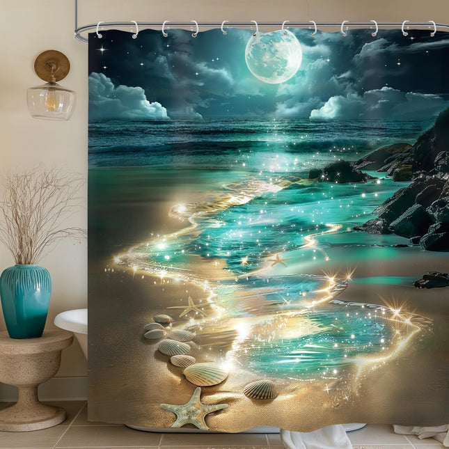 Beach Shower Curtain Set Ocean Night Hawaiian Coastal Summer Bathroom Decor