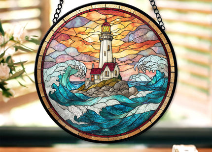 FIVITY 7.8" Lighthouse Suncatcher Stained Glass Window Hanging Ocean Light House Sun Catchers Blue Coastal Ornaments Wall Art Home Garden Room Door Decor Birthday for Women Men