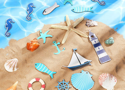 40 Pieces Coastal Cruise Ship Miniature Beach Themed Arts and Crafts Wood Anchor Decor Steering Wheel Lighthouse Starfish Seashell Seahorse Sailboat Wall Decor for Home Wall Decor Crafts