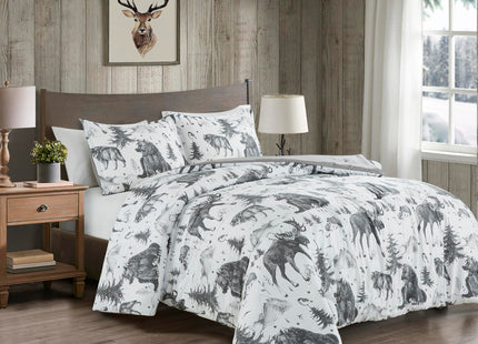 Chezmoi Collection Evans 3-Piece Southwestern Cabin Lodge Comforter Set - White Black Gray Grizzly Bear Wolves Moose Pine Tree Mountain Printed Microfiber Bedding, Queen