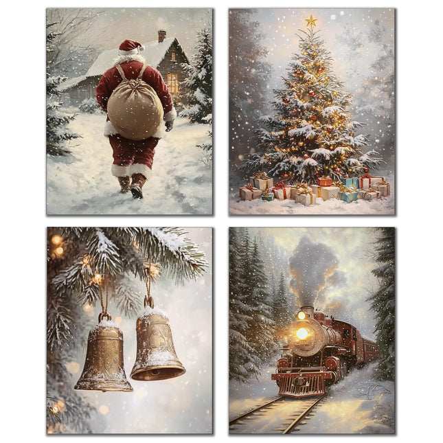 DOFQZ Winter Christmas Wall Art Prints Set of 4, Christmas Home Room Decor, Winter Snowy Xmas Train Santa Bell Pine Tree Posters for Home Bedroom Living Room Decor, 8x10 Unframed