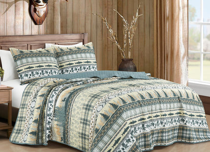 Chezmoi Collection Lake 3-Piece Lodge Quilt Set King - Multicolor Pine Tree Fish Deer Explorer Mountain Printed Microfiber Lightweight Bedspread Set for All Season