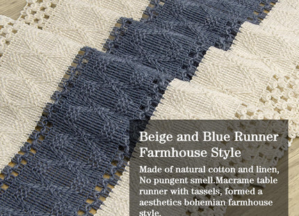 yuboo Table Runner 72 Inches Long, Blue and White Table Runner - Farmhouse Coastal Boho Macrame Dresser Runners for Bedroom, Dining & Coffee Table with Tassels
