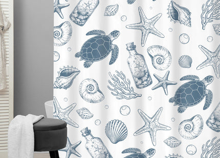Blue Nautical Turtle Shower Curtain Set Ocean Coastal Beach Bathroom Decor