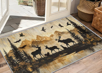 Yoozitrees Wildlife Rugs for Cabin - Wildlife Rug, 8x10 Rug, Deer Moose Wild Animal Silhouette Area Rug, Rustic Wood Print Carpet, Washable & Non Slip & Soft Large Rugs, Wildlife Home Decor
