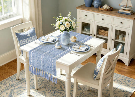 Dusty Blue Table Runner Short 15.7 x 36 inch, Blue and White Fall Coastal