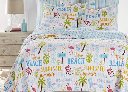 Levtex Home homThreads Beach Days Quilt Set - Twin/Twin XL Quilt (68x86in) + One Standard Pillow Sham (26x20in) - Coastal Beach - Teal Blue Yellow Green Brown Pink - Reversible - Cotton/Polyester