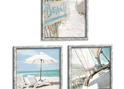 Coastal Framed Wooden Wall Art: Ocean Pictures Sailboat Art Prints Beach Artwork Collection Set of 3 Seascape Decorations for Home