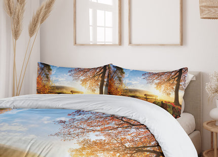 Ambesonne Forest Duvet Cover Set, Autumn Landscape The Sun Warmly on a Bench Under Tree Scene Holiday, Decorative 3 Piece Bedding Set with 2 Pillow Shams, King Size, Orange Blue