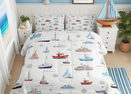 Nautical Bedding Set Queen Size,Coastal Beach Comforter Set with 2 Pillow Cases Sailboat Anchir Print Quilt for Kids Teens Boys Men Bedroom Decor,Navy Blue Red White Soft Microfiber Duvet Insert 3Pcs