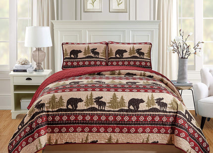 Rugs 4 Less Rustic Western Southwestern Quilt Bedspread Set with Native American Designs Grizzly Bears and Moose Roaming the Great American Outdoors Pine Forest (Forest Bear - King/Cal-King)