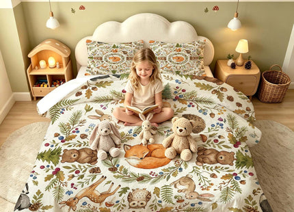 VTKON Woodland Animals Comforter Set Twin, 2Pcs Cute Fox Pattern Forest Creature Pattern Bedding for Girls, Soft Microfiber Duvet with 1 Comforter and 1 Pillowcase All Season