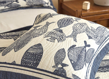 3-Piece Cotton Coastal Quilt Set, Navy Fish Bedspread with Shams, King