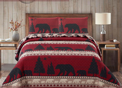 Virah Bella Creekside Bear 3-Piece King Quilt Set - Rustic Cabin Red & Black Bear Lodge Bedding - Lightweight Reversible Microfiber Coverlet & 2 King Shams, 95" x 105"