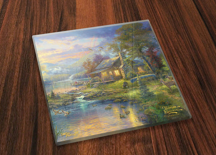 Thomas Kinkade Mountain Scenes Mountain Cabin Sunset 4 x 4 Coaster Set