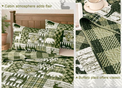 3 Piece Cabin Full/Queen Quilt Sets Farmhouse Rustic Reversible Microfiber Soft Lightweight Bedspread Comforter with 2 Shams Patchwork Country Lodge Bedding Quilts Set for All Season, 90''x96'', Green