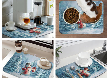 Winter Blue Snowman Dish Drying Mat Christmas Pine Tree Large Kitchen Mats Dish Drying Pad Xmas Absorbent Dish Dryer Mat for Kitchen Countertops Microfiber Drainer Pad Dish Drying Mats (18x24 in)