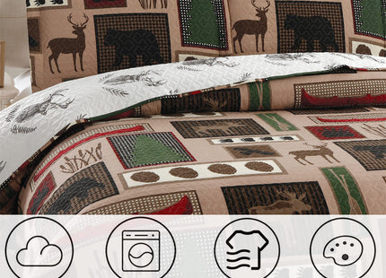 3-Piece Moose Pine Tree Reversible Quilt Set, Rustic Home Lodge Red Boat Black Bear Paws Eagle The Wilds Quilted Bedspread Coverlet Bedding Set, Lightweight Breathable for All Season (King, Red Boat)